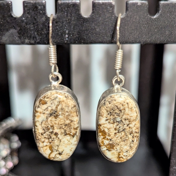 Picture Jasper Natural Stone Earrings Sterling Silver 925 Brown Black Fish Hook - Picture 2 of 12